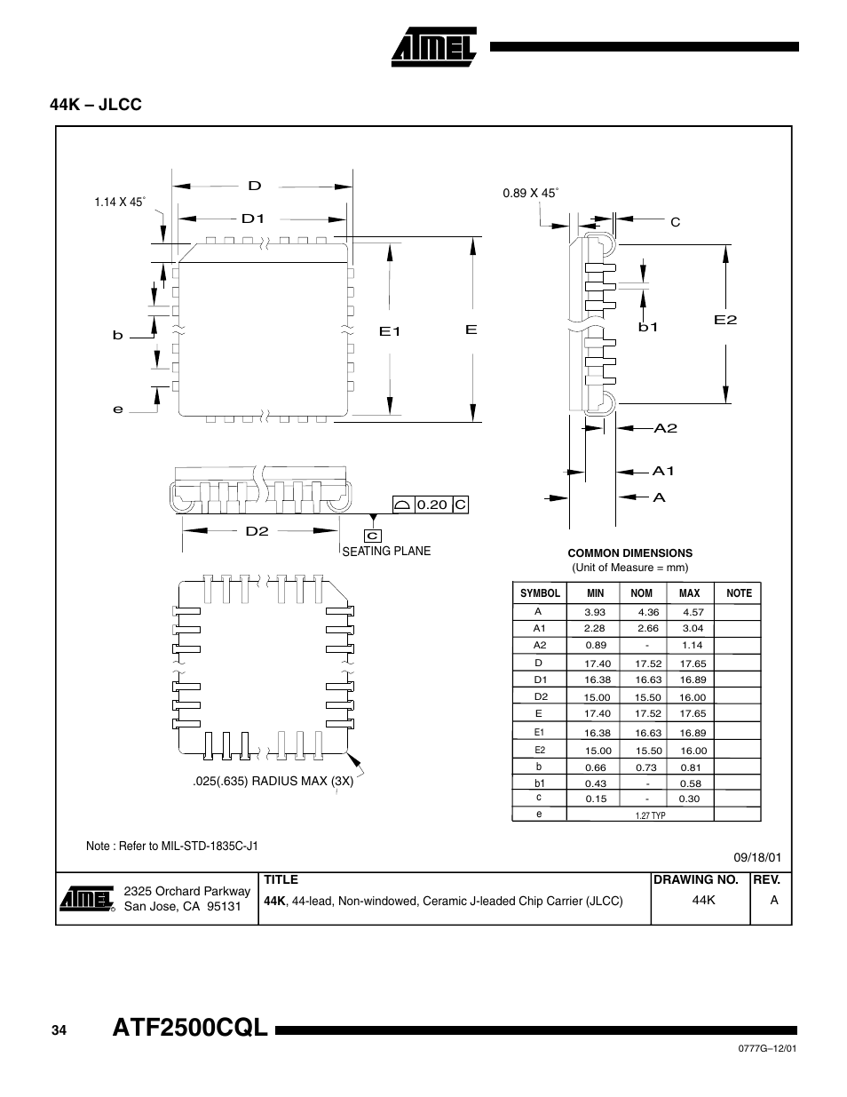 44k – jlcc, Atf2500cql | Rainbow Electronics ATF2500CQL User Manual | Page 34 / 37