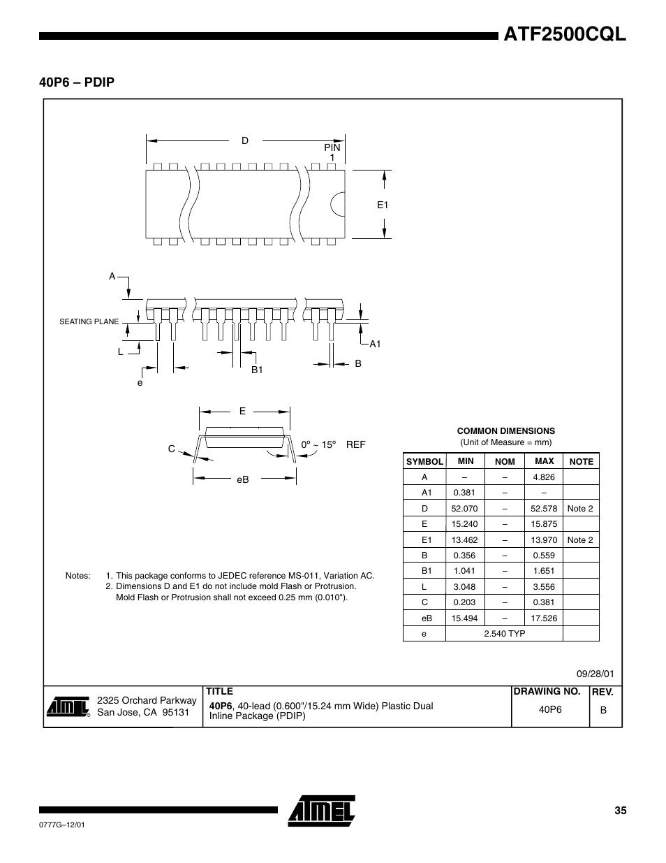 40p6 – pdip, Atf2500cql | Rainbow Electronics ATF2500CQL User Manual | Page 35 / 37