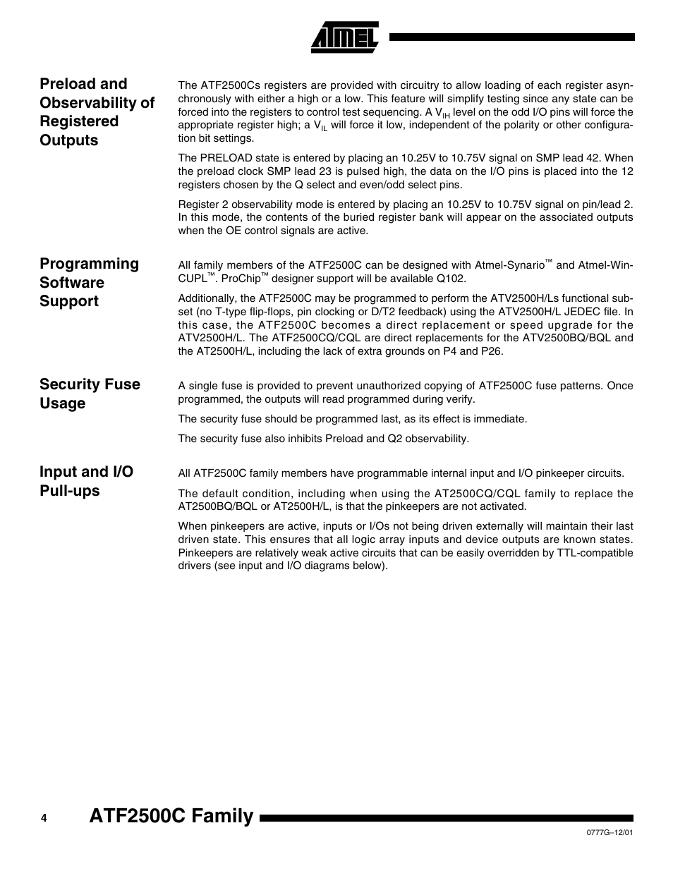 Preload and observability of registered outputs, Programming software support, Security fuse usage | Input and i/o pull-ups, Atf2500c family | Rainbow Electronics ATF2500CQL User Manual | Page 4 / 37