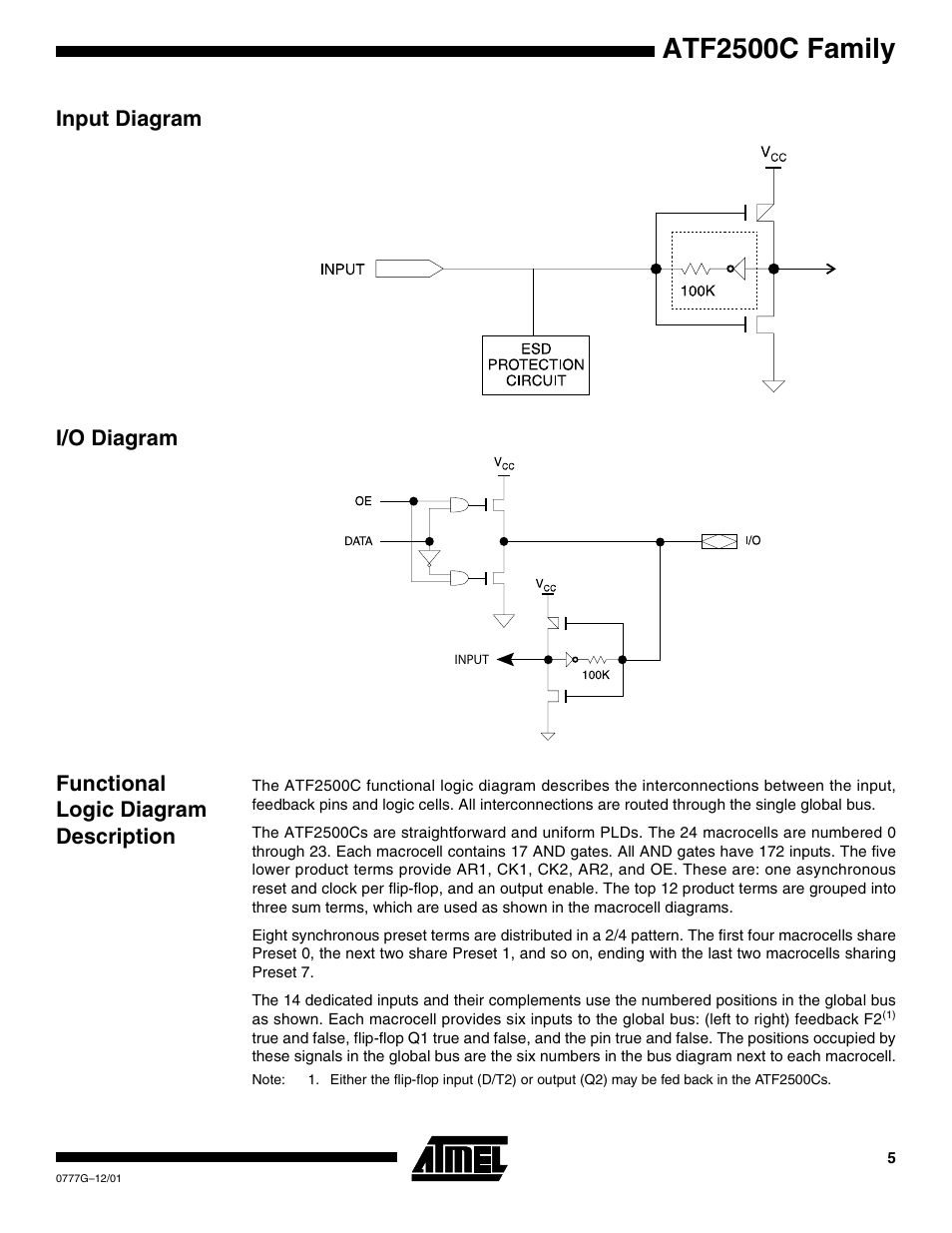 Input diagram, I/o diagram, Functional logic diagram description | Atf2500c family | Rainbow Electronics ATF2500CQL User Manual | Page 5 / 37