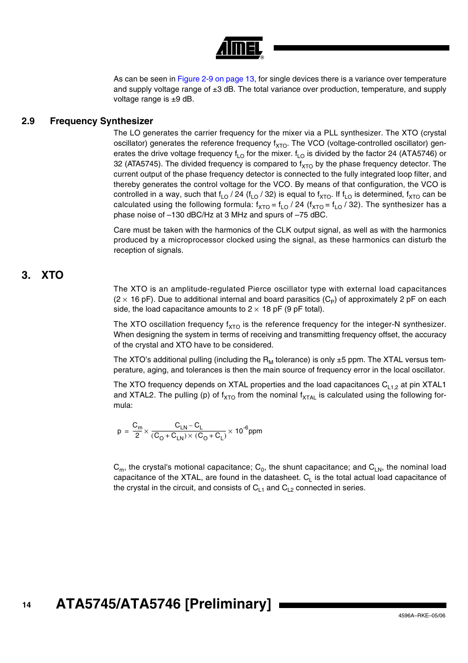 9 frequency synthesizer | Rainbow Electronics ATA5746 User Manual | Page 14 / 43