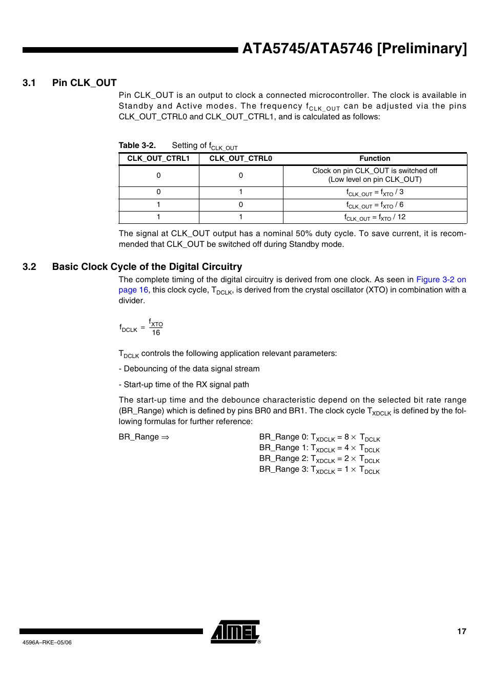1 pin clk_out, 2 basic clock cycle of the digital circuitry | Rainbow Electronics ATA5746 User Manual | Page 17 / 43