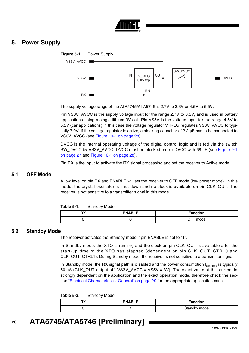 Power supply, 1 off mode, 2 standby mode | Rainbow Electronics ATA5746 User Manual | Page 20 / 43