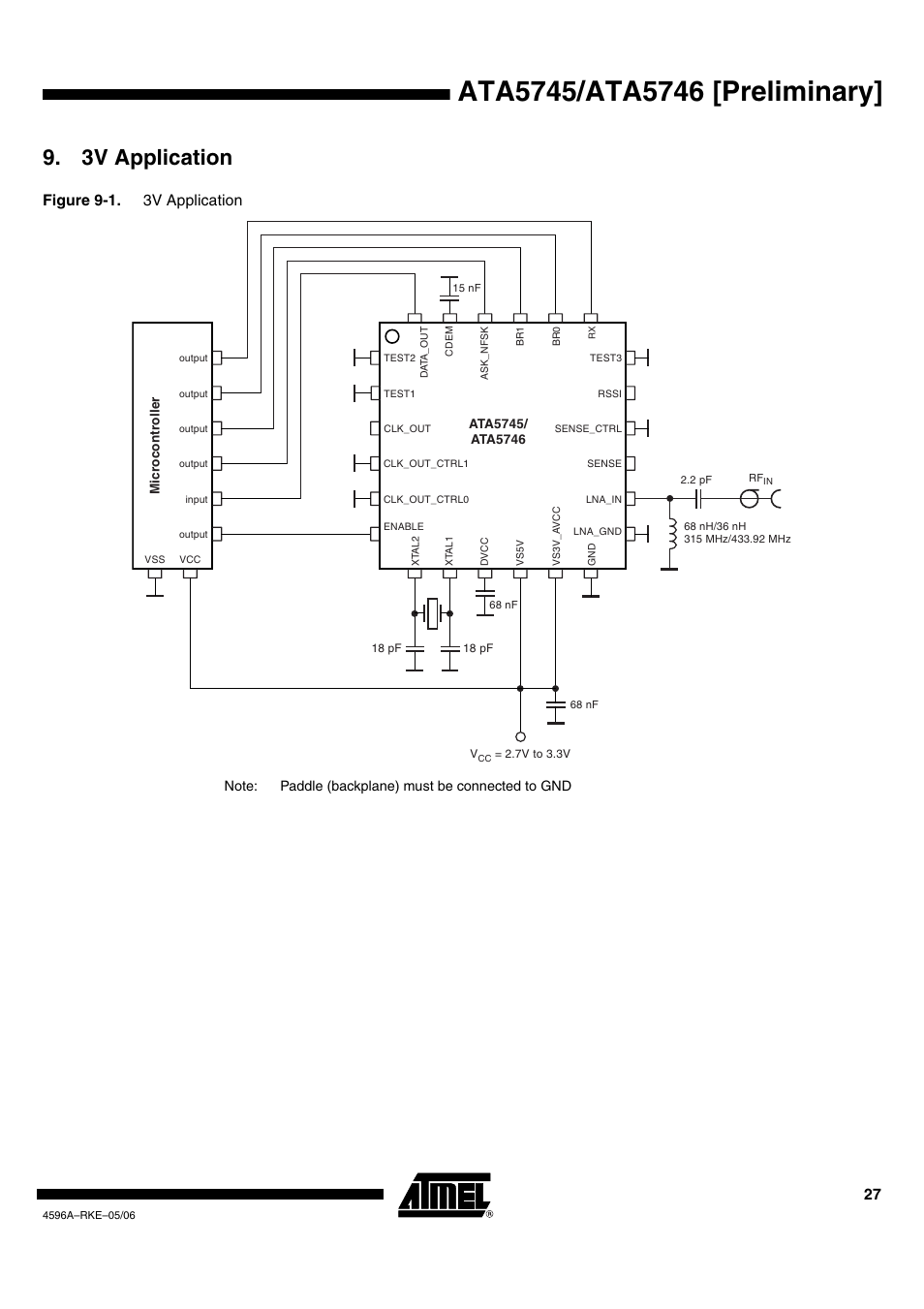 Figure 9-1, 3v application, Figure 9-1. 3v application | Rainbow Electronics ATA5746 User Manual | Page 27 / 43