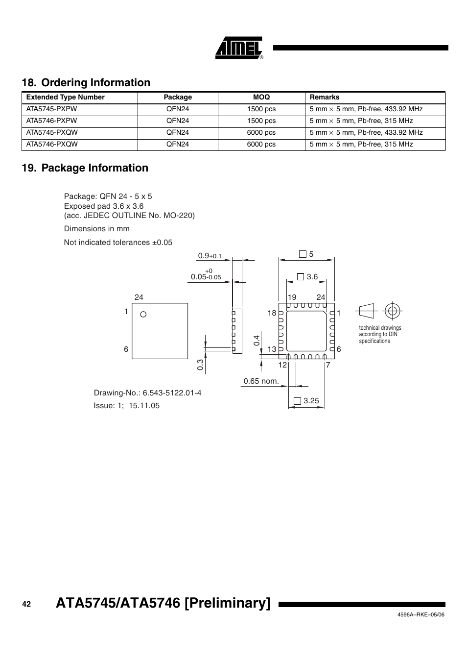 Package information 18. ordering information | Rainbow Electronics ATA5746 User Manual | Page 42 / 43