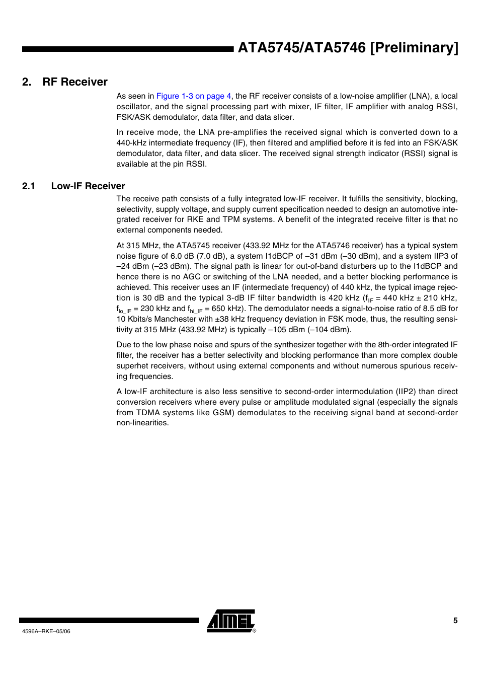 Rf receiver | Rainbow Electronics ATA5746 User Manual | Page 5 / 43