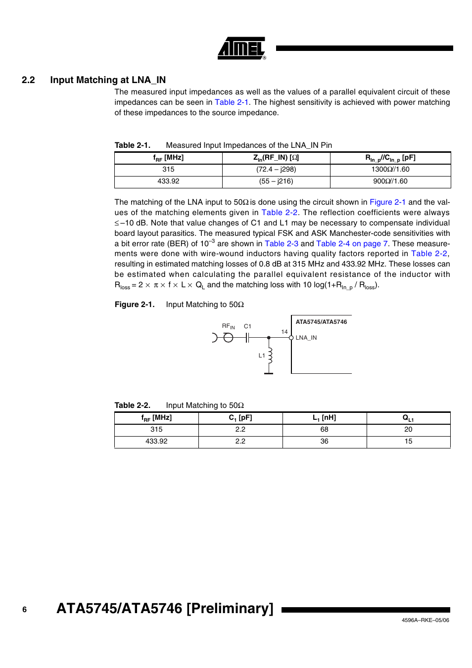 2 input matching at lna_in | Rainbow Electronics ATA5746 User Manual | Page 6 / 43