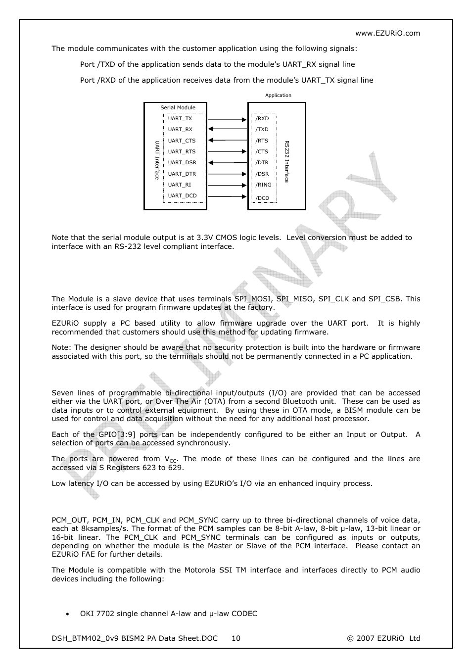 2 spi bus, 3 gpio port, 4 pcm codec interface | 1 compatible codec chips | Rainbow Electronics DAB-WLS-C21 (BlueTooth) User Manual | Page 10 / 32