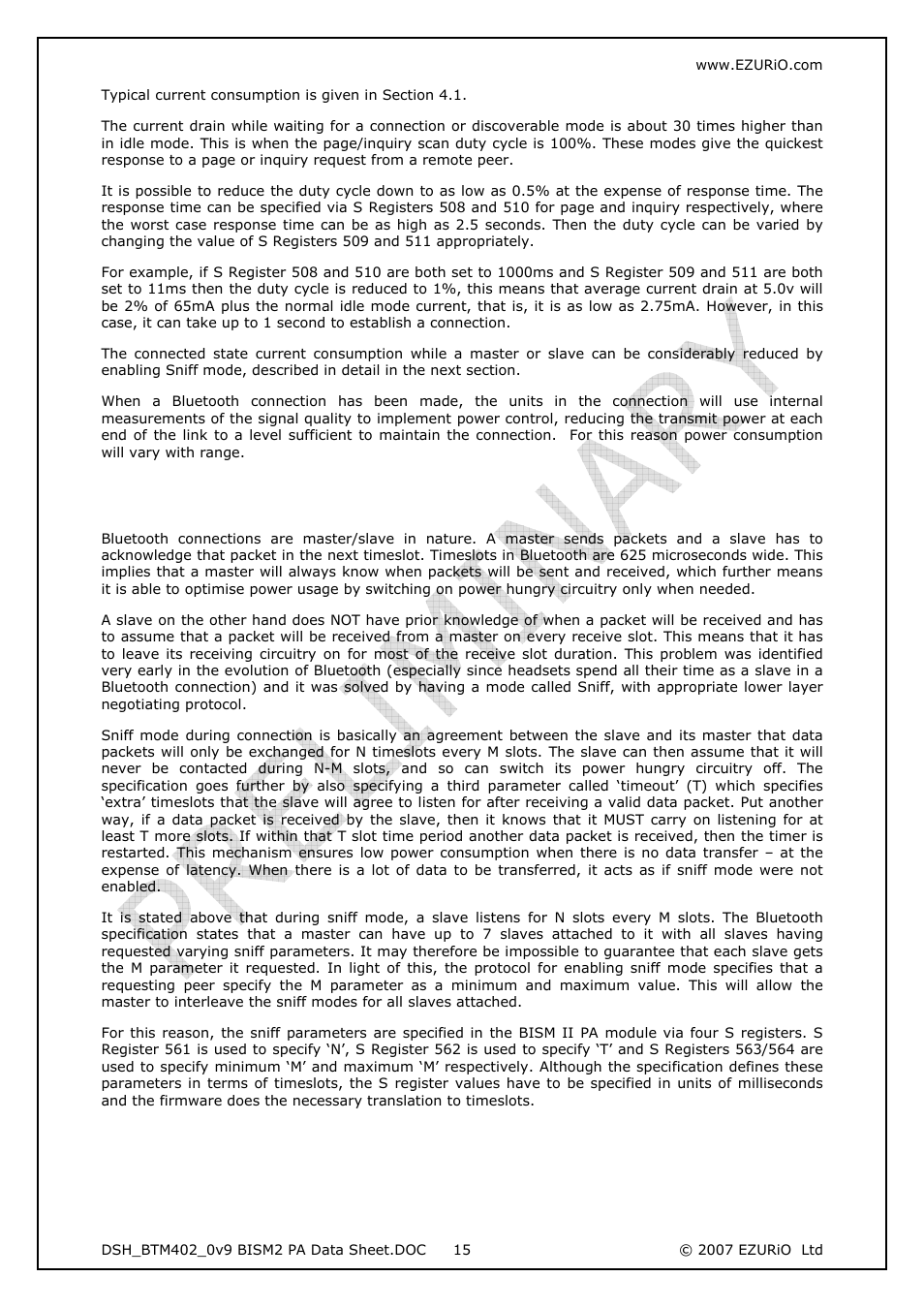 1 low power modes using sniff, Low power modes using sniff | Rainbow Electronics DAB-WLS-C21 (BlueTooth) User Manual | Page 15 / 32