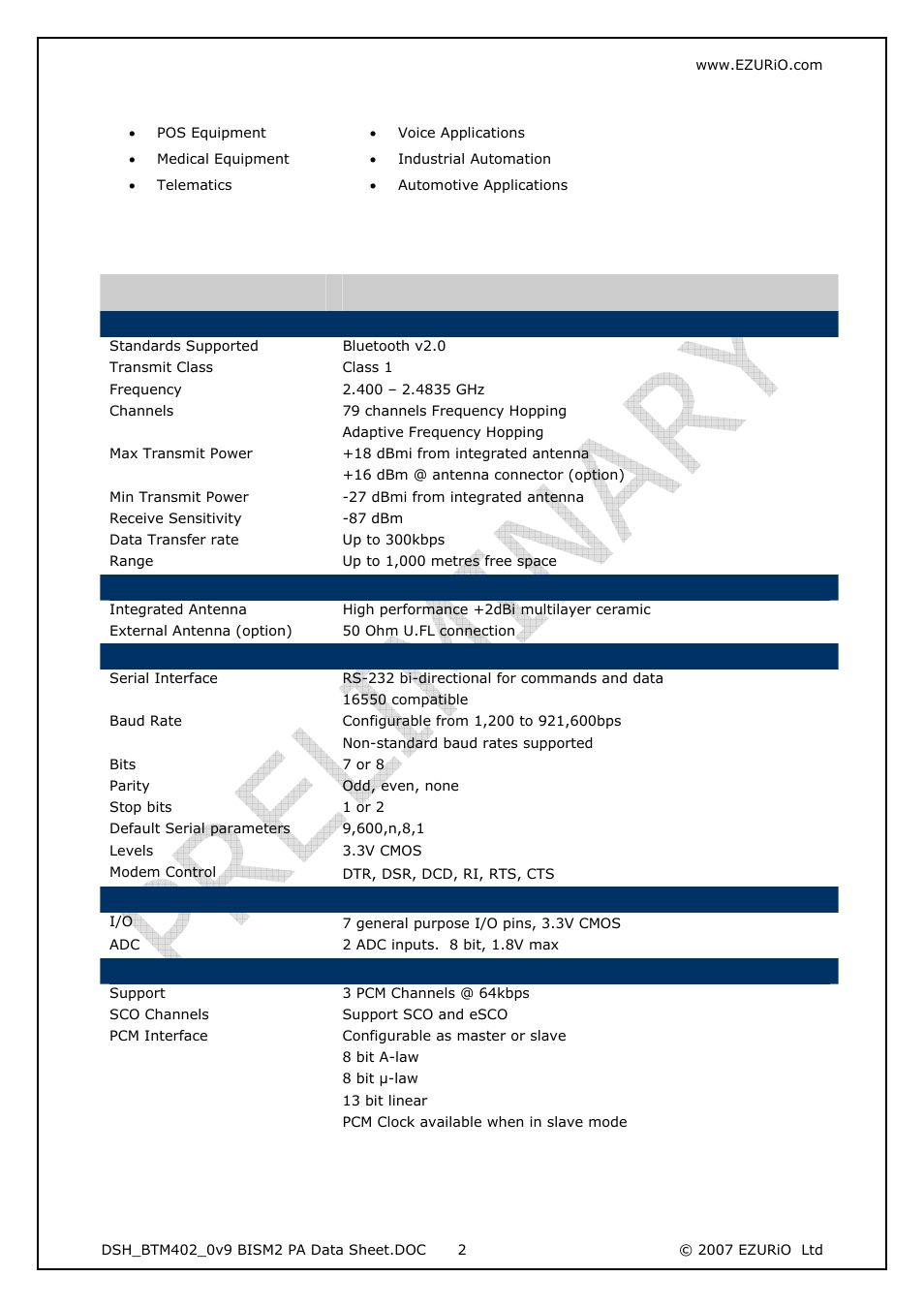 1 applications, Features, Applications | Rainbow Electronics DAB-WLS-C21 (BlueTooth) User Manual | Page 2 / 32