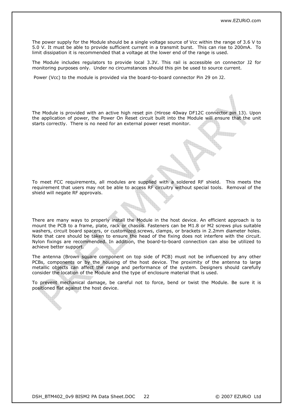 2 power supply considerations, 4 rf shield, Power supply considerations out ield orm | Rf sh, Mounting the module onto the application platf | Rainbow Electronics DAB-WLS-C21 (BlueTooth) User Manual | Page 22 / 32