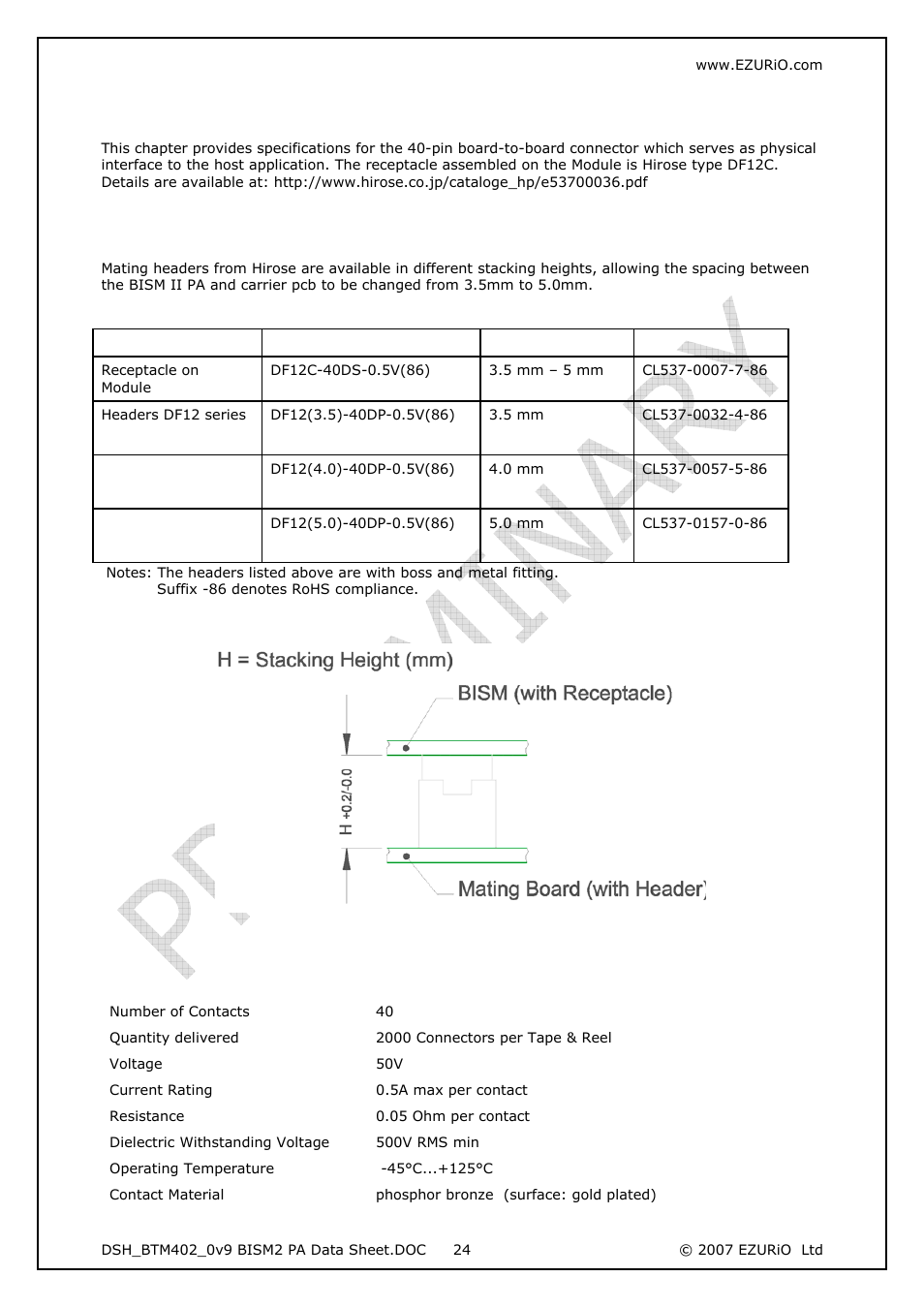 Board to board connector, 1 stacking height, 2 hirose connector general specification | Stacking height tion, Hirose connector general specifica | Rainbow Electronics DAB-WLS-C21 (BlueTooth) User Manual | Page 24 / 32