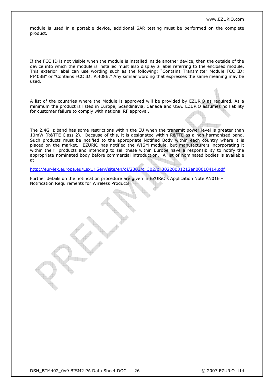 1 fcc labelling requirement, 2 national rf approvals, 1 r&tte notification requirement | Rainbow Electronics DAB-WLS-C21 (BlueTooth) User Manual | Page 26 / 32