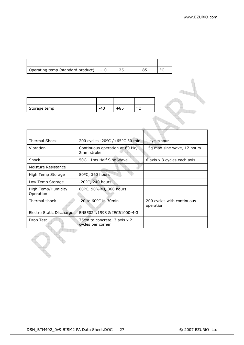 Environmental, 1 operating temperatures, 2 storage temperature | 3 reliability, Operating temperatures ture ility, Storage tempera, Reliab | Rainbow Electronics DAB-WLS-C21 (BlueTooth) User Manual | Page 27 / 32