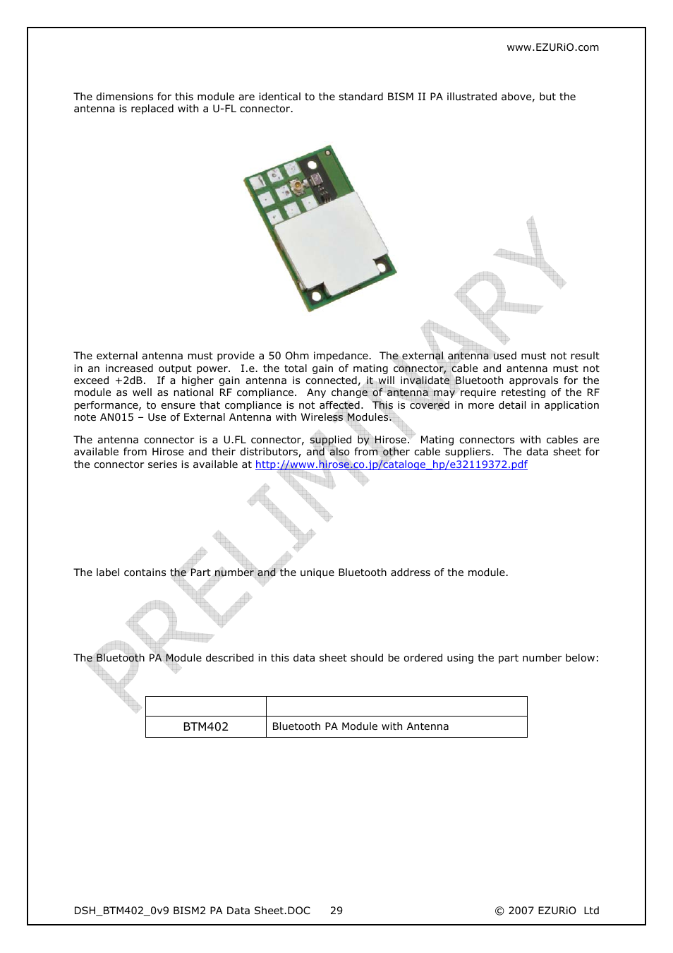 3 labelling, 4 ordering information, Bism ii pa module without antenna (special order) | Labelling tion, Ordering informa | Rainbow Electronics DAB-WLS-C21 (BlueTooth) User Manual | Page 29 / 32