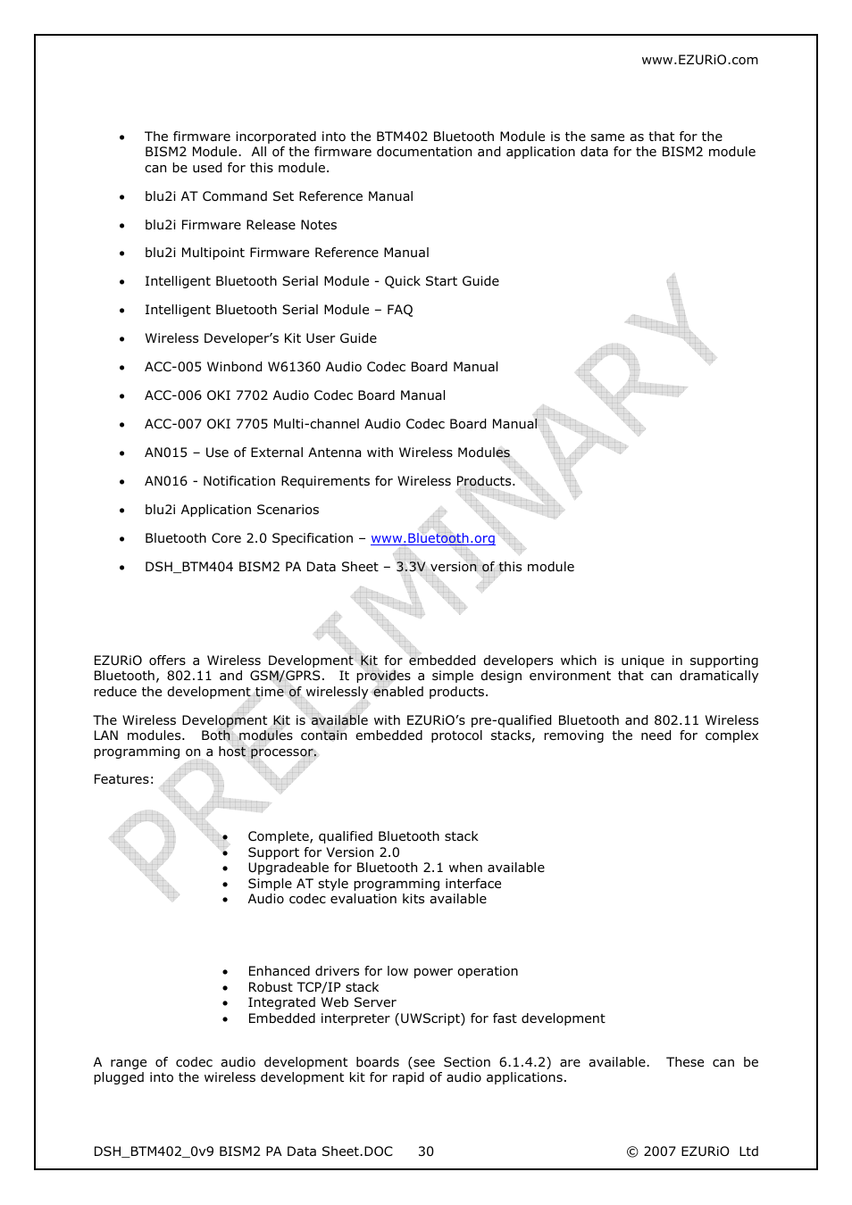 Related documents, Development kit | Rainbow Electronics DAB-WLS-C21 (BlueTooth) User Manual | Page 30 / 32