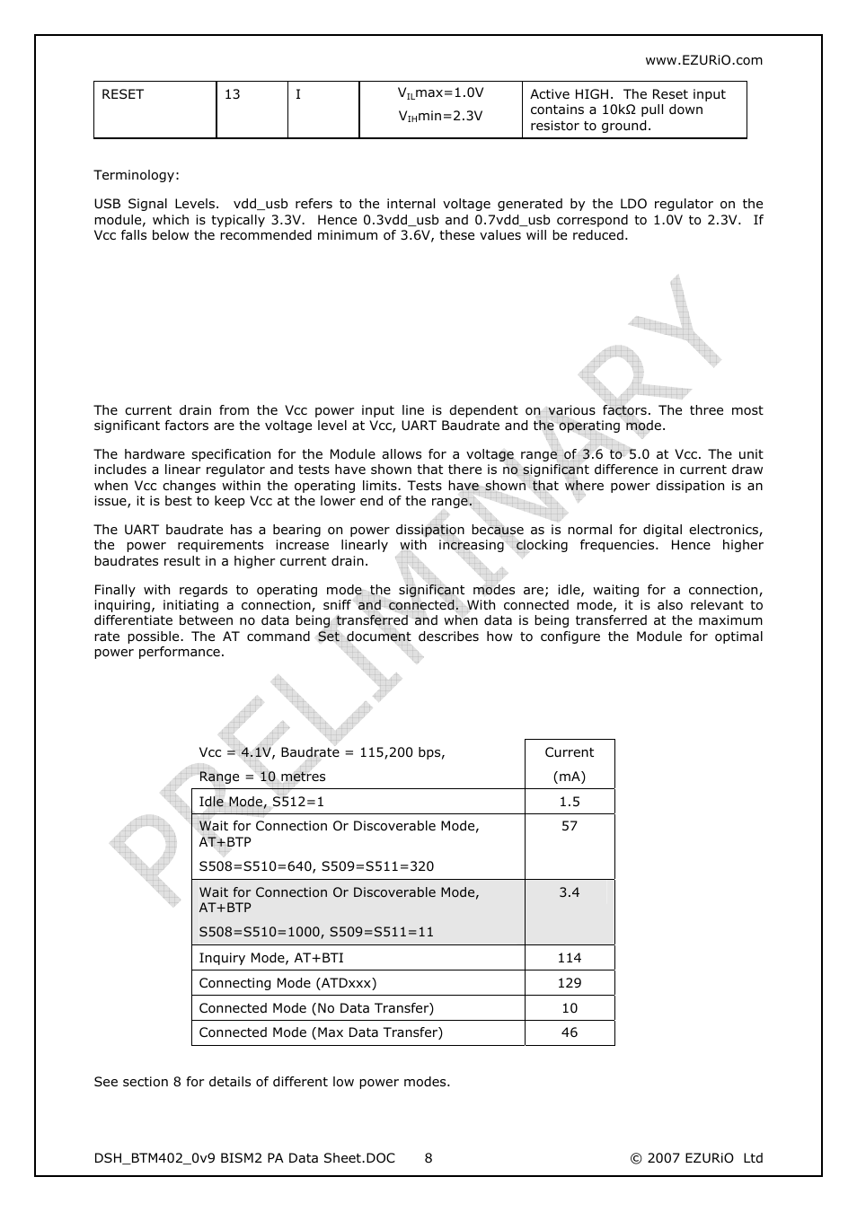 I/o characteristics, 1 power consumption, 1 typical current consumption in ma | Power consumption | Rainbow Electronics DAB-WLS-C21 (BlueTooth) User Manual | Page 8 / 32