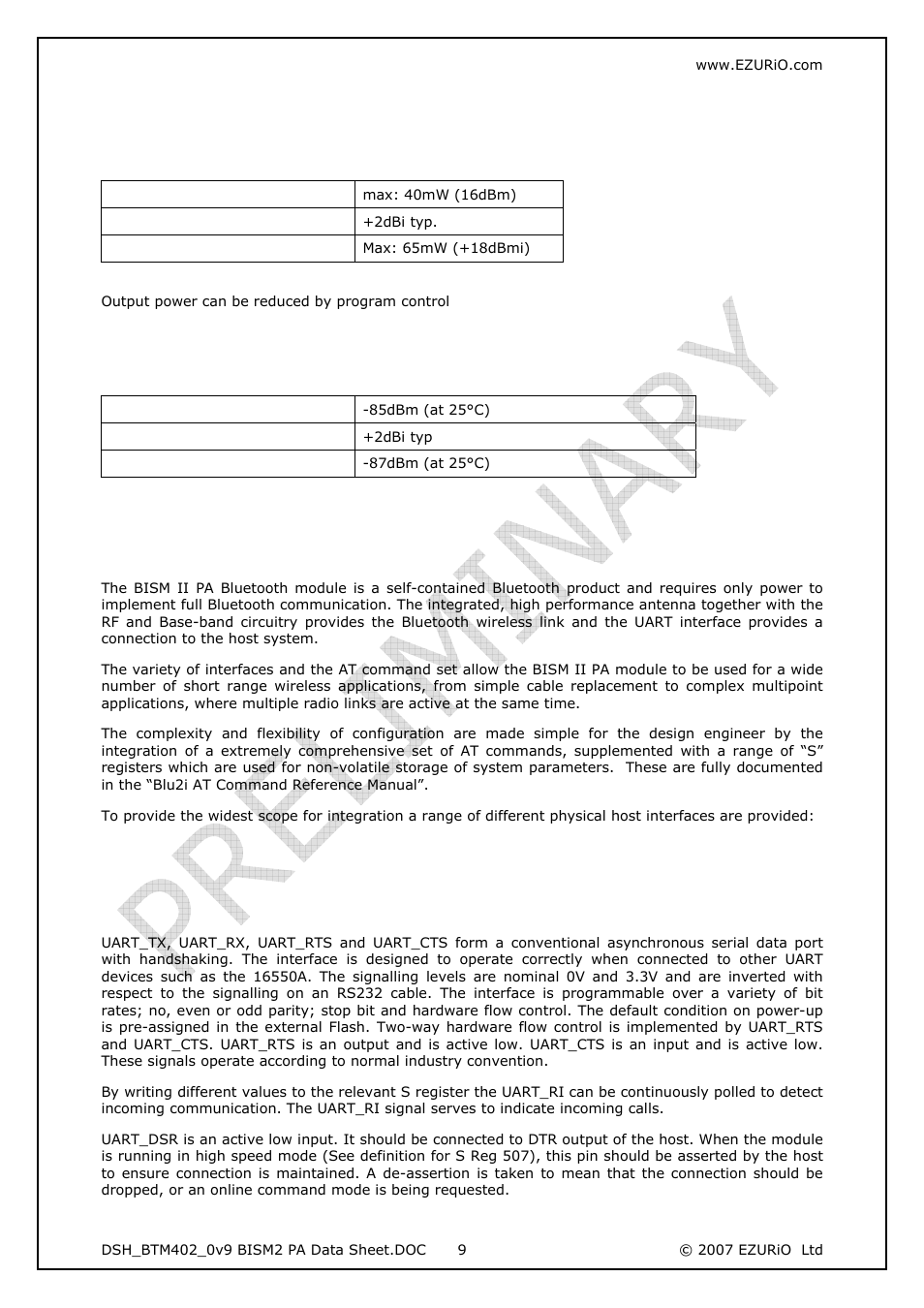 Rf performance, 1 transmit power, 2 receive sensitivity | Functional description, 1 interfaces, 1 uart interface, Interfaces | Rainbow Electronics DAB-WLS-C21 (BlueTooth) User Manual | Page 9 / 32