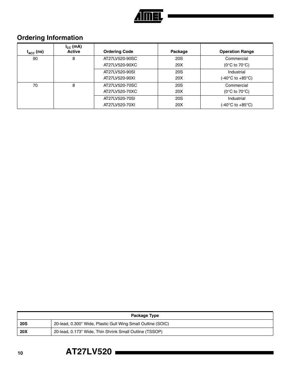 Ordering information | Rainbow Electronics AT27LV520 User Manual | Page 10 / 12