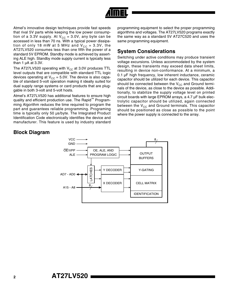 System considerations, Block diagram | Rainbow Electronics AT27LV520 User Manual | Page 2 / 12