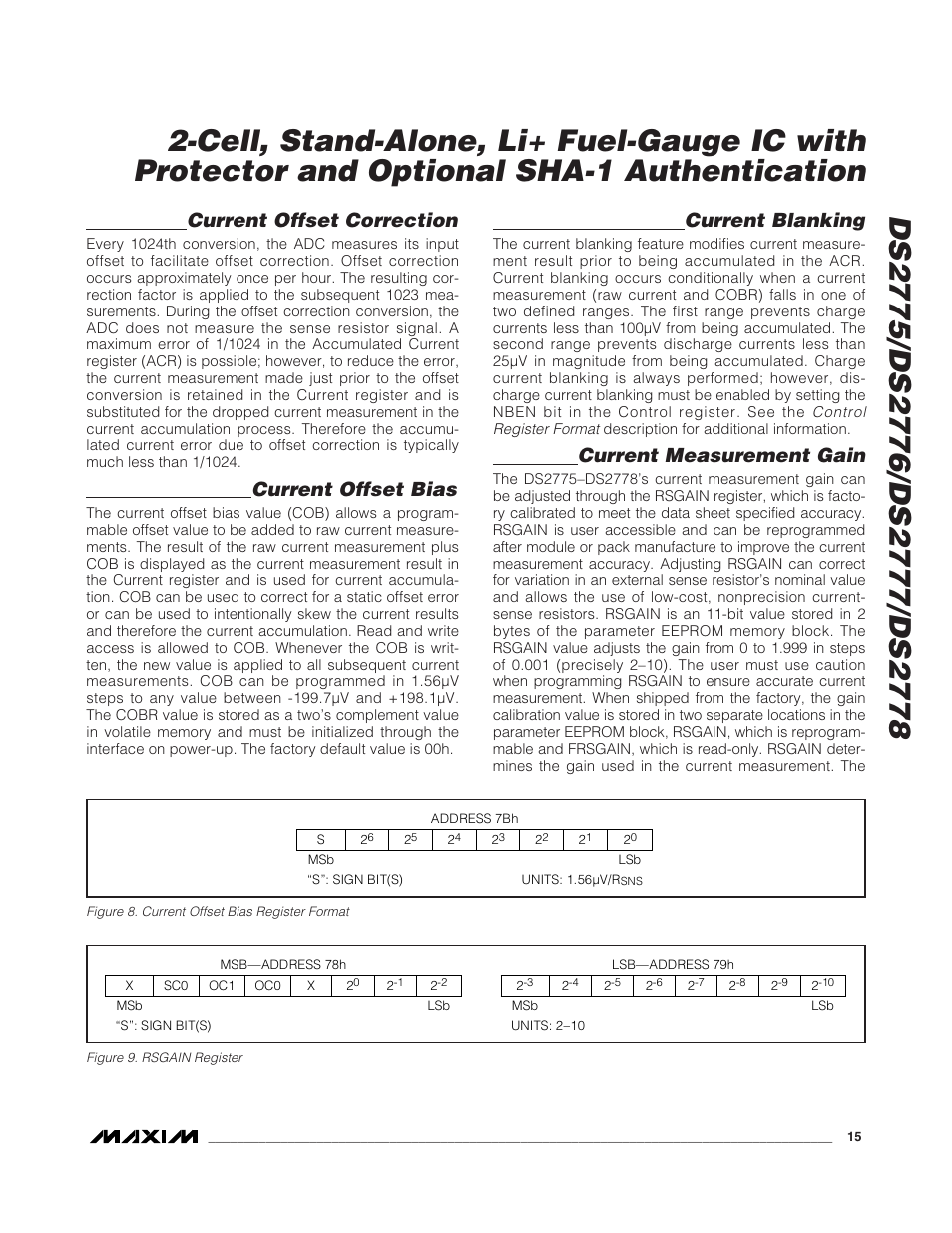 Current offset correction, Current offset bias, Current blanking | Current measurement gain | Rainbow Electronics DS2778 User Manual | Page 15 / 45