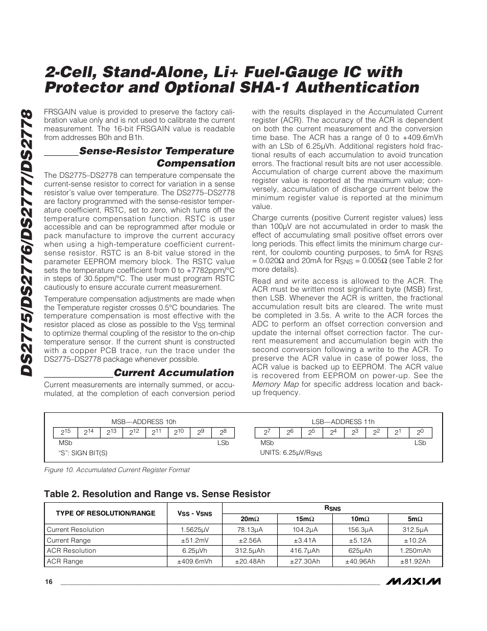 Sense-resistor temperature compensation, Current accumulation, Table 2. resolution and range vs. sense resistor | Rainbow Electronics DS2778 User Manual | Page 16 / 45