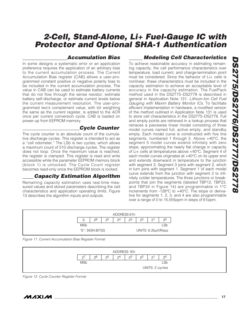 Accumulation bias, Cycle counter, Capacity estimation algorithm | Modeling cell characteristics | Rainbow Electronics DS2778 User Manual | Page 17 / 45