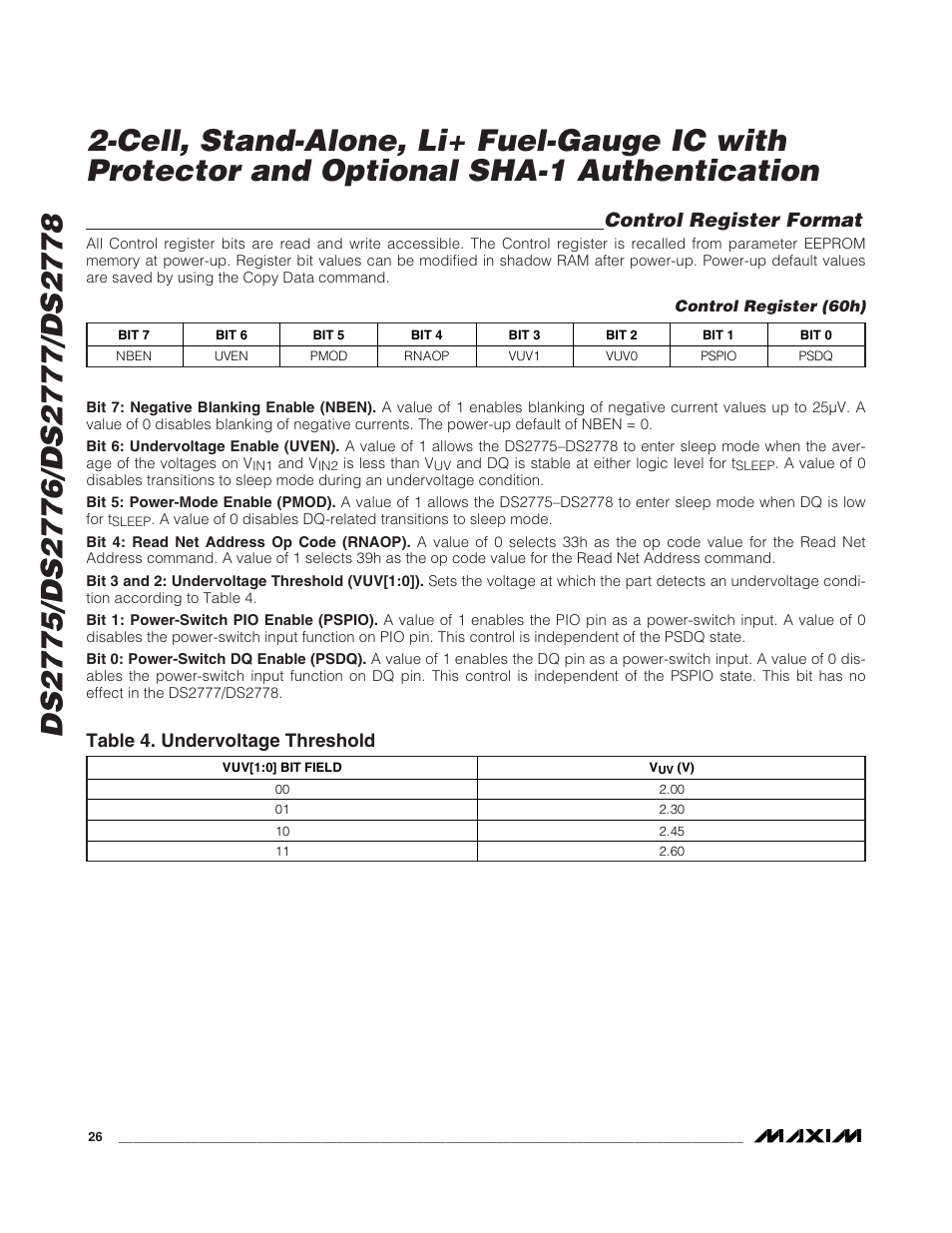 Control register format, Table 4. undervoltage threshold | Rainbow Electronics DS2778 User Manual | Page 26 / 45