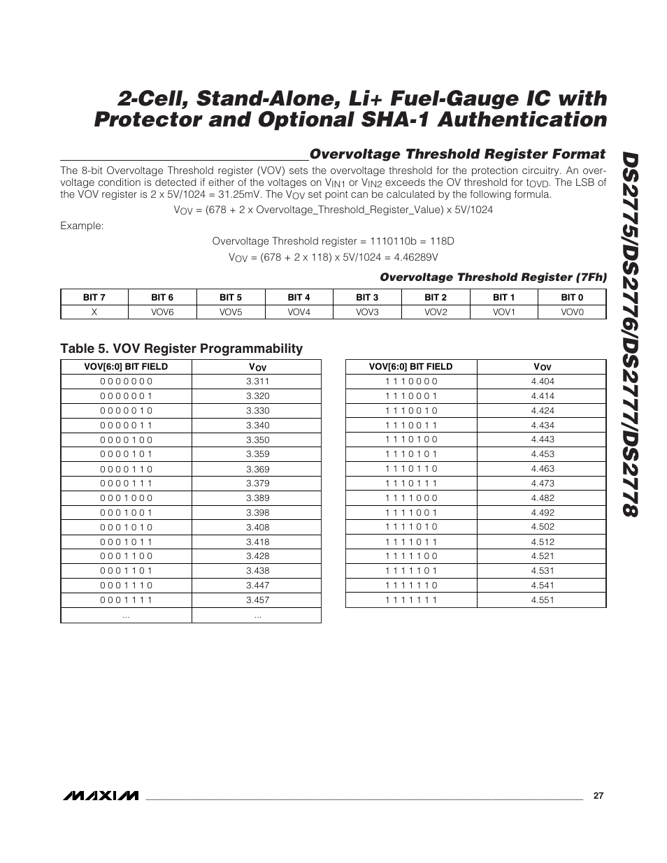 Overvoltage threshold register format, Table 5. vov register programmability | Rainbow Electronics DS2778 User Manual | Page 27 / 45