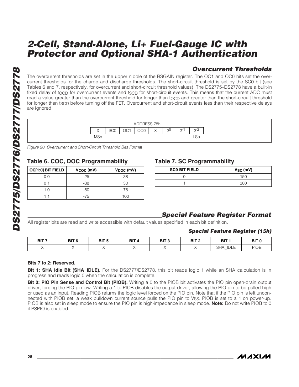 Overcurrent thresholds, Special feature register format, Table 6. coc, doc programmability | Table 7. sc programmability | Rainbow Electronics DS2778 User Manual | Page 28 / 45