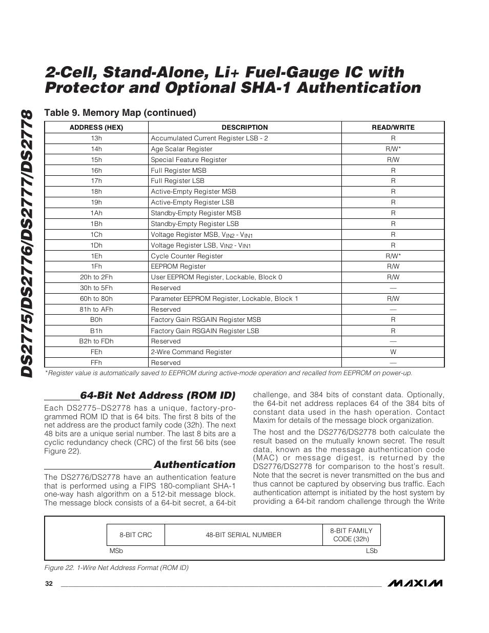 Bit net address (rom id), Authentication | Rainbow Electronics DS2778 User Manual | Page 32 / 45