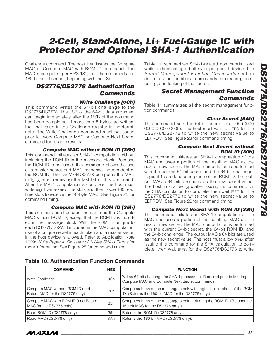 Secret management function commands | Rainbow Electronics DS2778 User Manual | Page 33 / 45