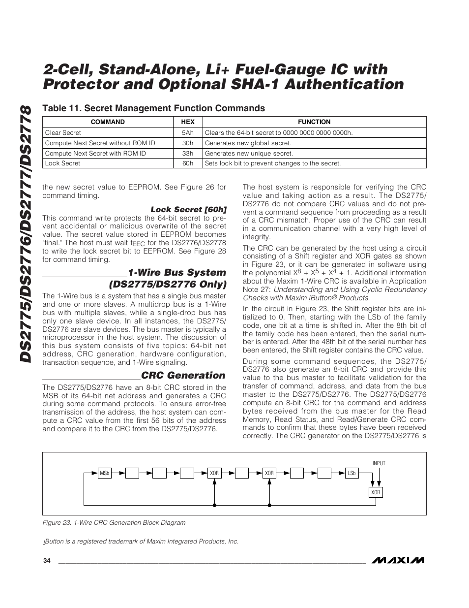 Crc generation, Table 11. secret management function commands | Rainbow Electronics DS2778 User Manual | Page 34 / 45