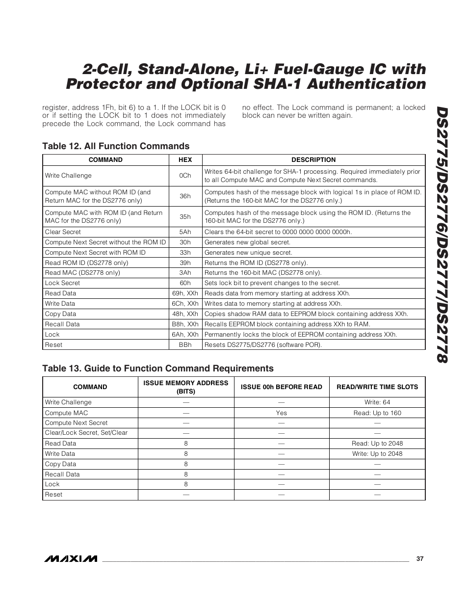 Table 12. all function commands, Table 13. guide to function command requirements | Rainbow Electronics DS2778 User Manual | Page 37 / 45