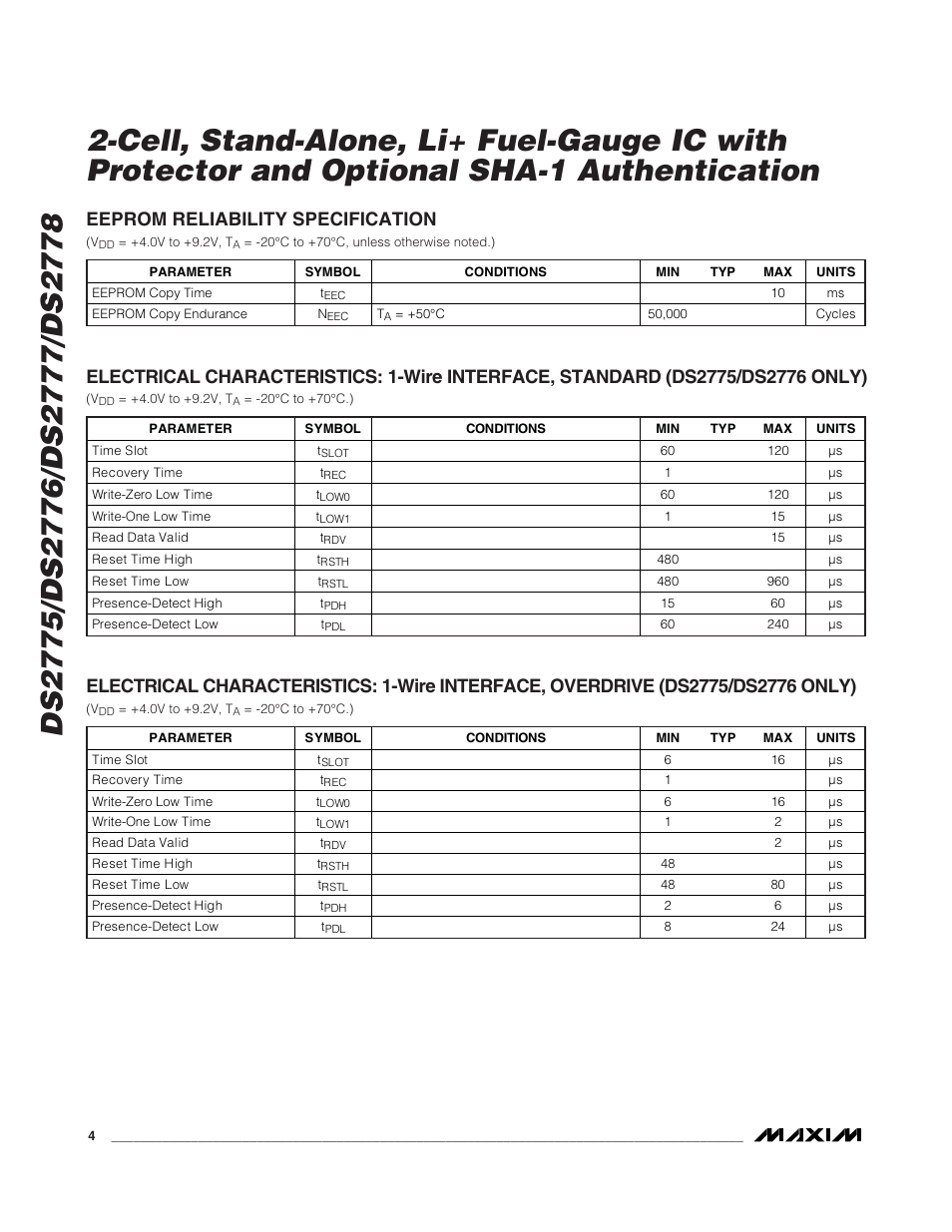 Eeprom reliability specification | Rainbow Electronics DS2778 User Manual | Page 4 / 45