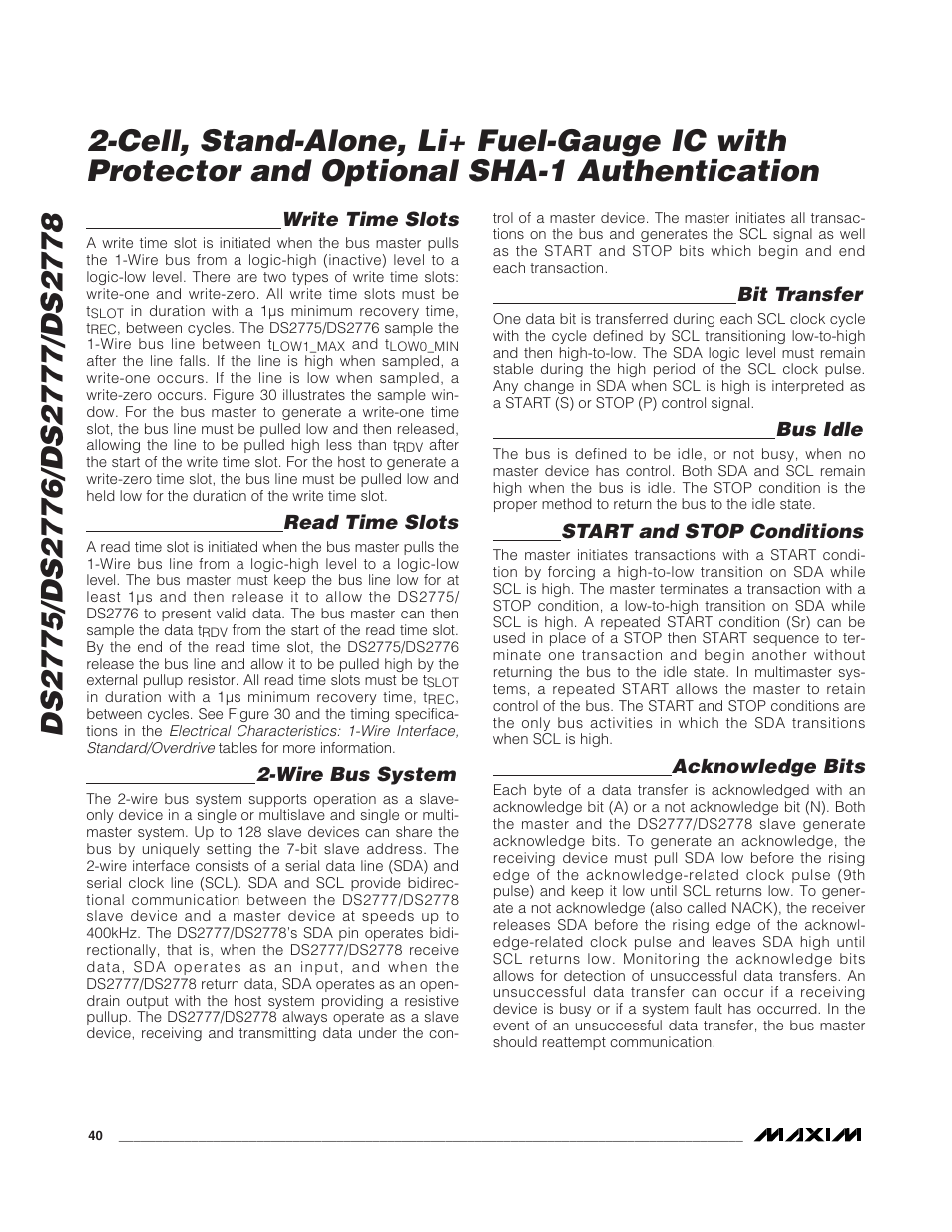 Write time slots, Read time slots, Wire bus system | Bit transfer, Bus idle, Start and stop conditions, Acknowledge bits | Rainbow Electronics DS2778 User Manual | Page 40 / 45
