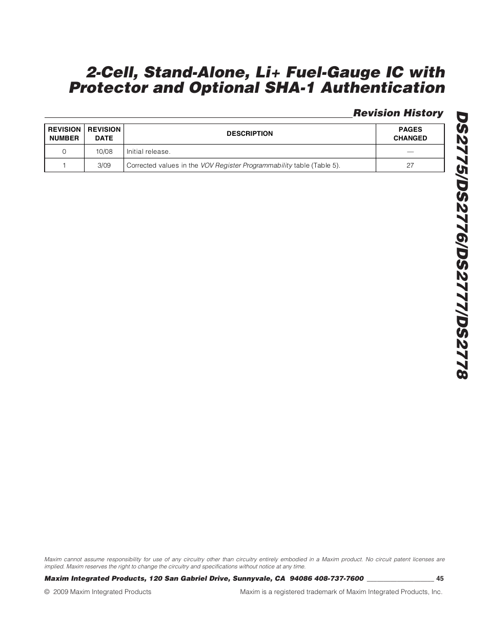 Revision history | Rainbow Electronics DS2778 User Manual | Page 45 / 45