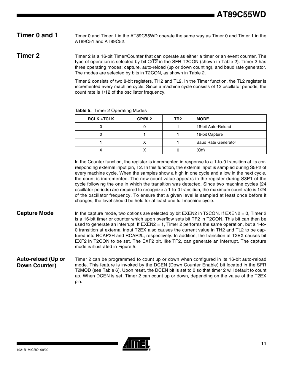 Timer 0 and 1, Timer 2, Capture mode | Auto-reload (up or down counter), At89c55wd | Rainbow Electronics AT89C55WD User Manual | Page 11 / 37