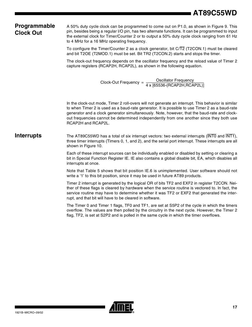 Programmable clock out, Interrupts, At89c55wd | Rainbow Electronics AT89C55WD User Manual | Page 17 / 37