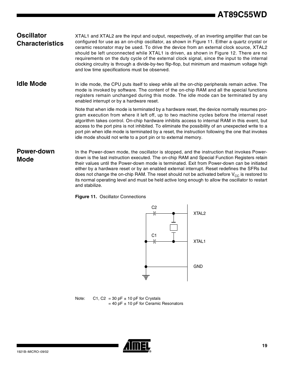 Oscillator characteristics, Idle mode, Power-down mode | At89c55wd | Rainbow Electronics AT89C55WD User Manual | Page 19 / 37