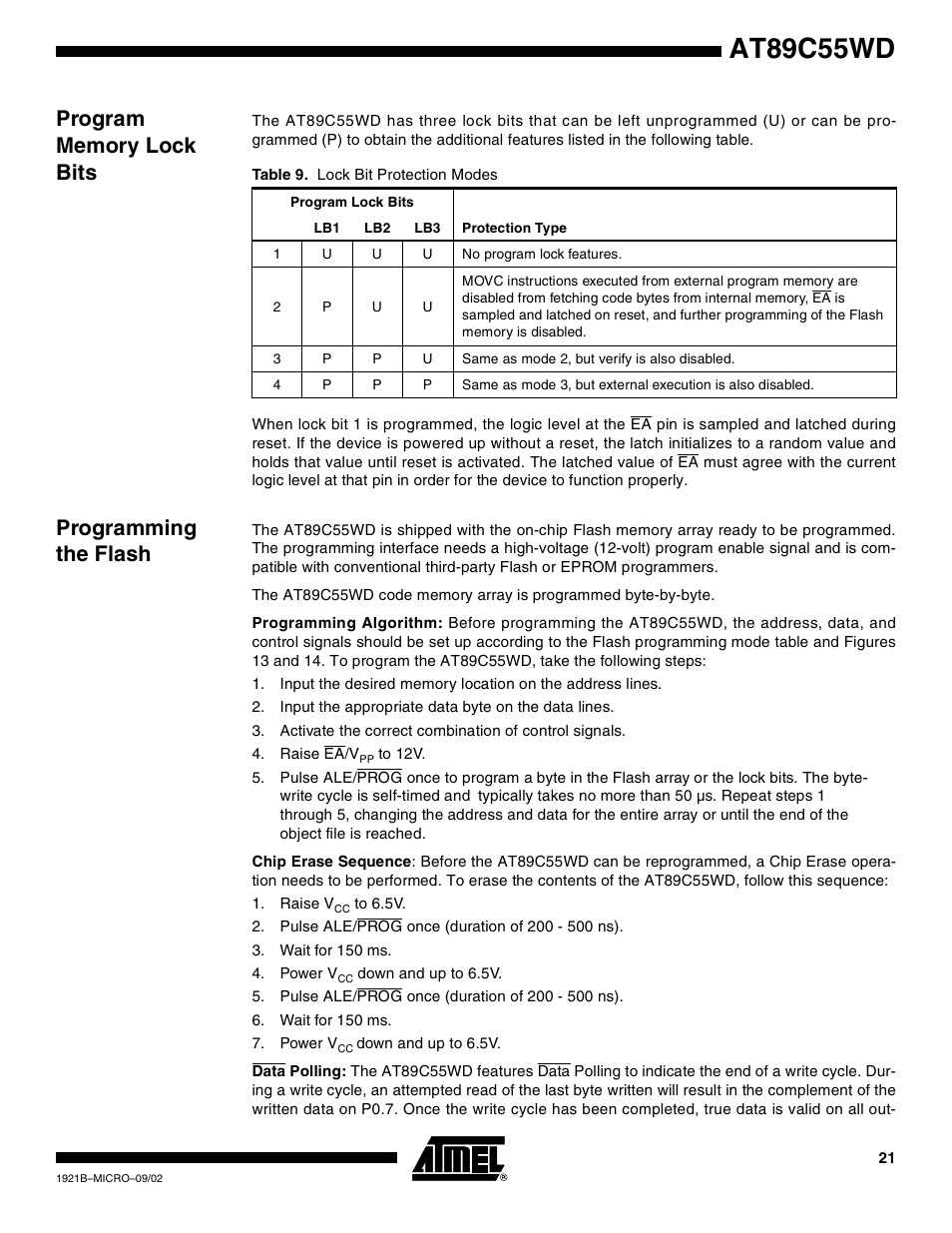 Program memory lock bits, Programming the flash, At89c55wd | Rainbow Electronics AT89C55WD User Manual | Page 21 / 37