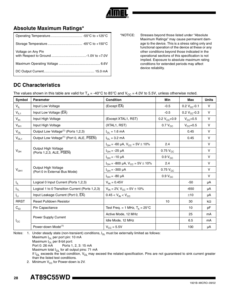 Absolute maximum ratings, Dc characteristics, At89c55wd | Rainbow Electronics AT89C55WD User Manual | Page 28 / 37