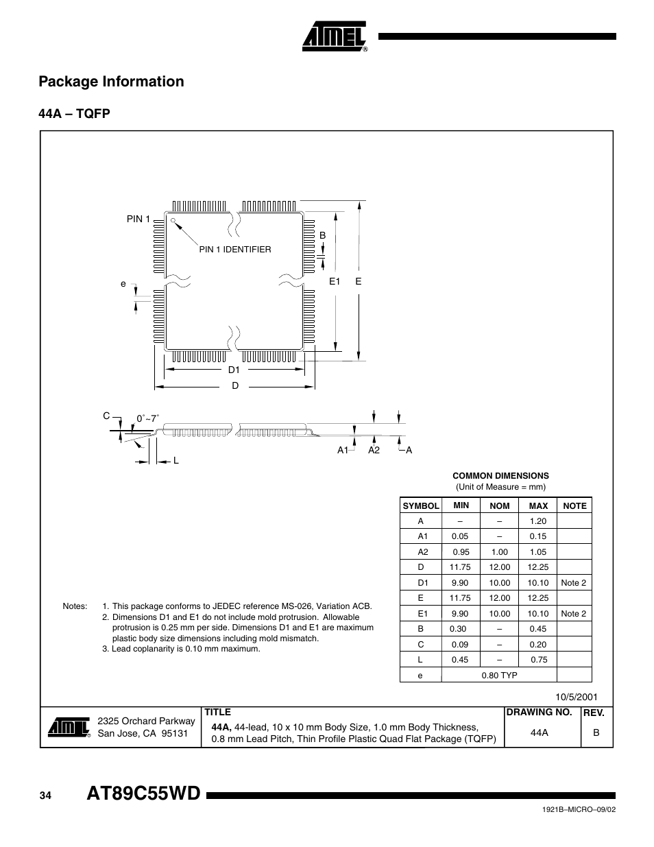 Package information, 44a – tqfp, At89c55wd | Rainbow Electronics AT89C55WD User Manual | Page 34 / 37