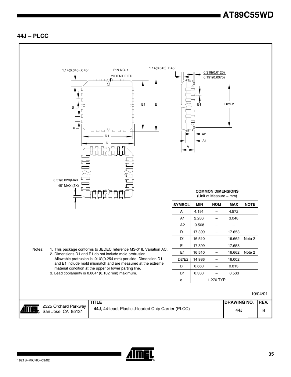 44j – plcc, At89c55wd | Rainbow Electronics AT89C55WD User Manual | Page 35 / 37