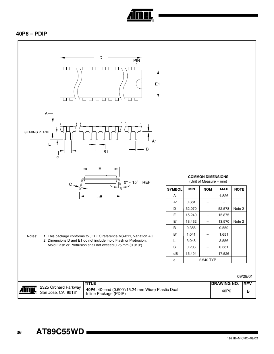 40p6 – pdip, At89c55wd | Rainbow Electronics AT89C55WD User Manual | Page 36 / 37