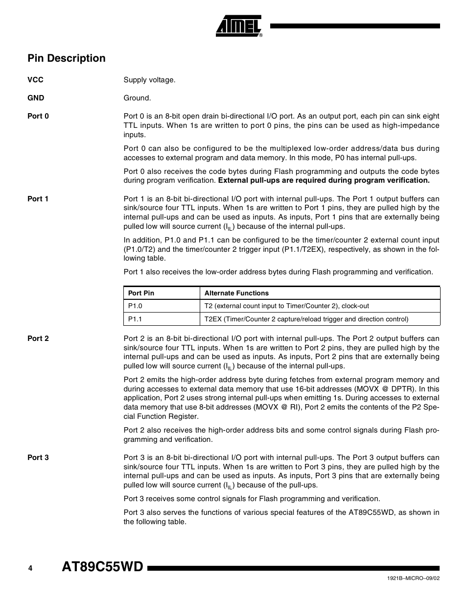 Pin description, Port 0, Port 1 | Port 2, Port 3, At89c55wd | Rainbow Electronics AT89C55WD User Manual | Page 4 / 37