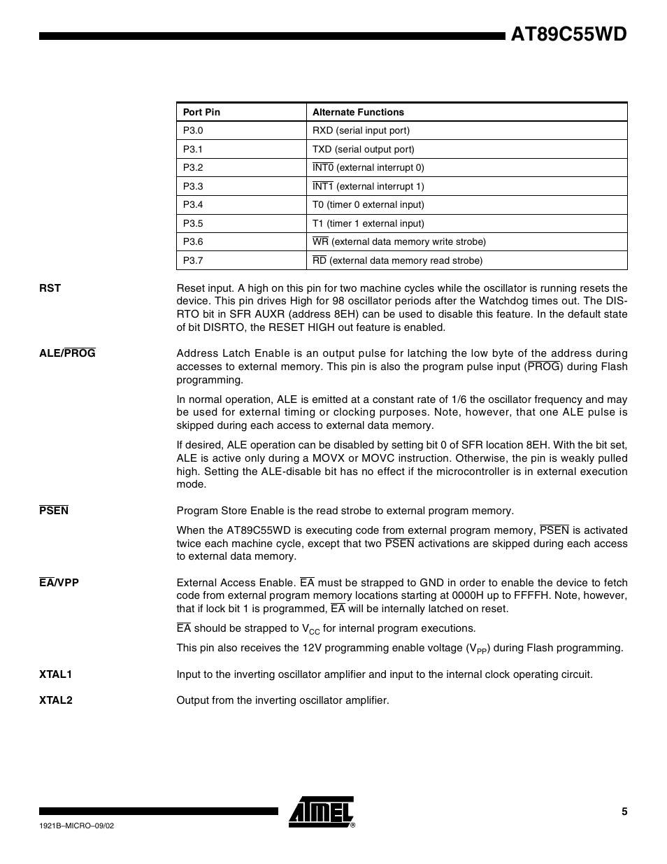 Ale/prog, Psen, Ea/vpp | Xtal1, Xtal2, At89c55wd | Rainbow Electronics AT89C55WD User Manual | Page 5 / 37