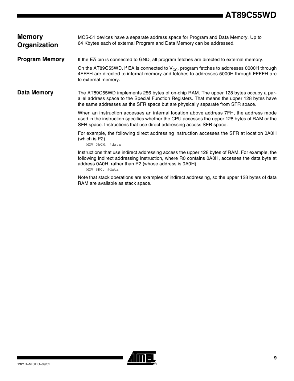 Memory organization, Program memory, Data memory | At89c55wd | Rainbow Electronics AT89C55WD User Manual | Page 9 / 37