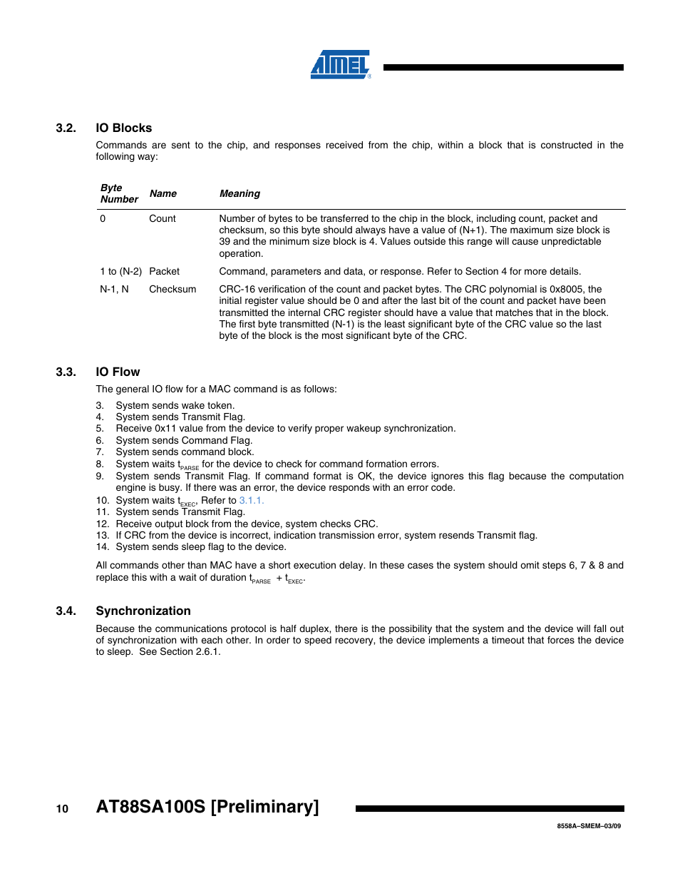 Io blocks, Io flow, Synchronization | Rainbow Electronics AT88SA100S User Manual | Page 10 / 21