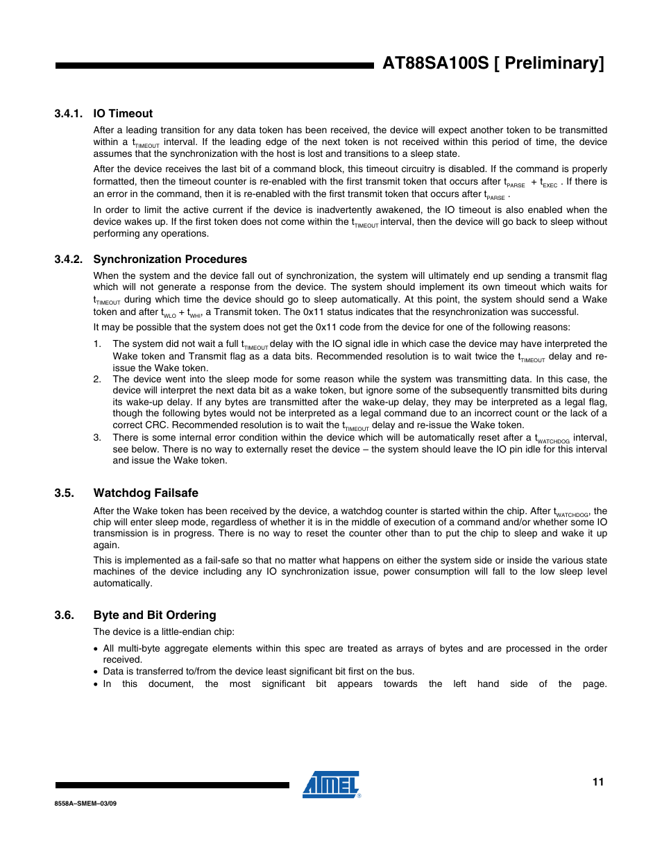Io timeout, Synchronization procedures, Watchdog failsafe | Byte and bit ordering | Rainbow Electronics AT88SA100S User Manual | Page 11 / 21